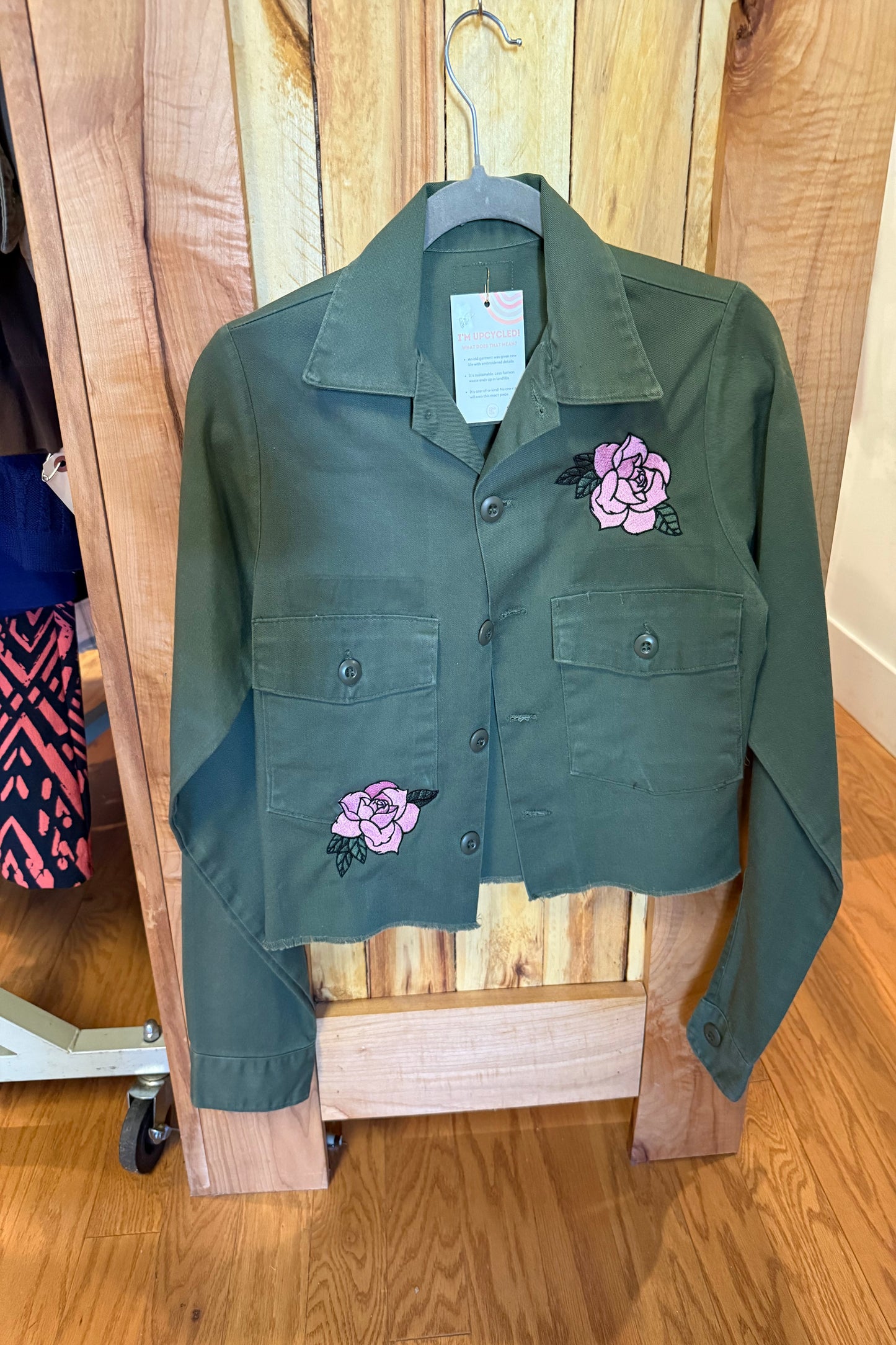 TOLD YA SEW PINK ROSES CROPPED ARMY JACKET