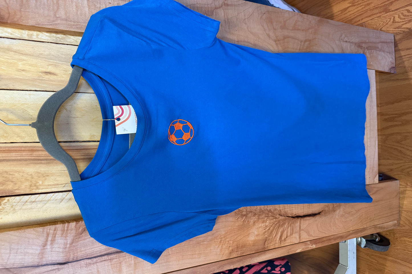 TOLD YA SEW ORANGE SOCCER BALL EMBROIDERED FCC BLUE T-SHIRT