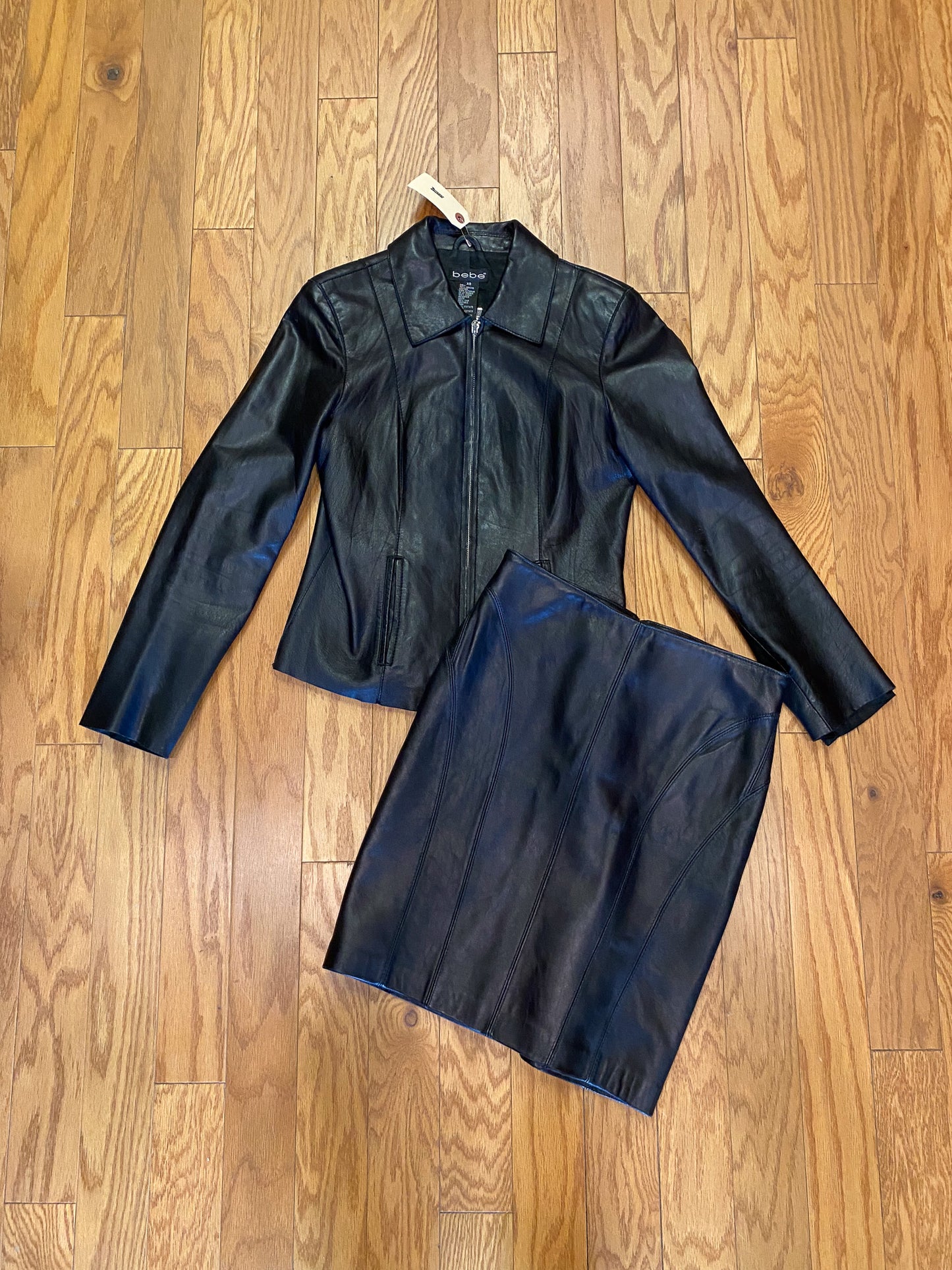 BEBE BLACK LEATHER JACKET + MINI SKIRT SET
