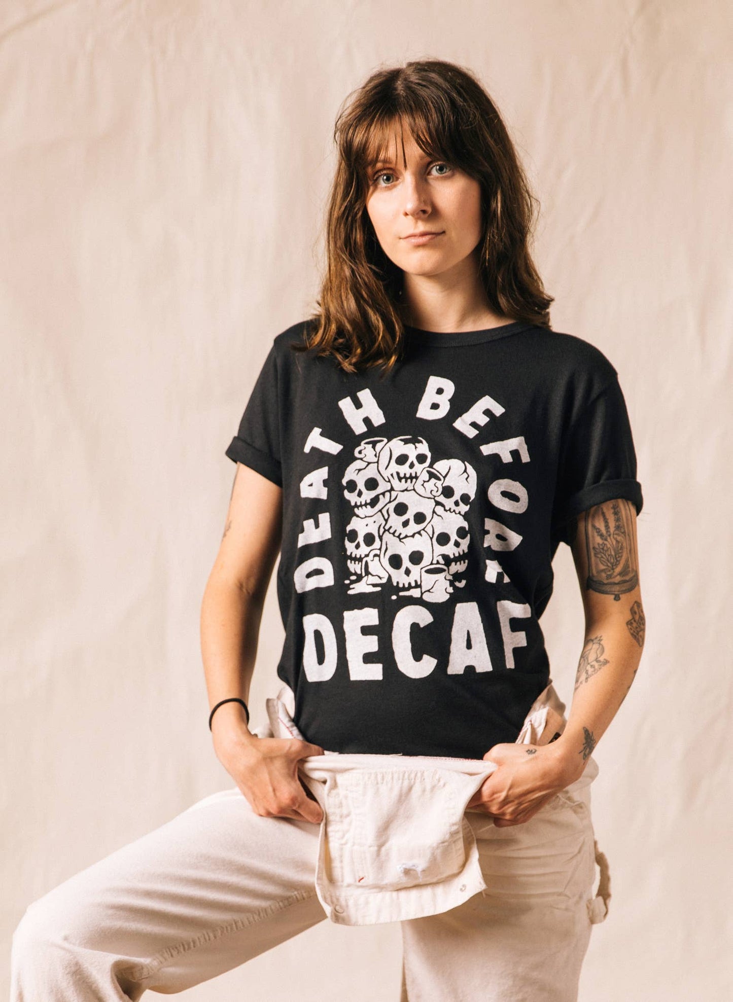 Death Before Decaf Coffee Vintage Style Graphic Tee Adults