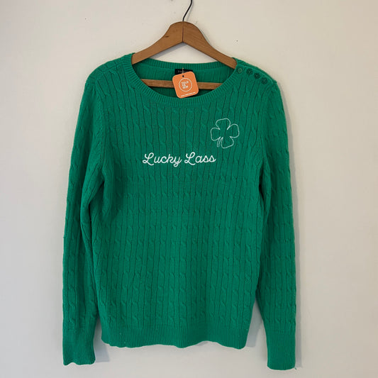 TOLD YA SEW "LUCKY LASS" EMBROIDERED CABLE KNIT SWEATER