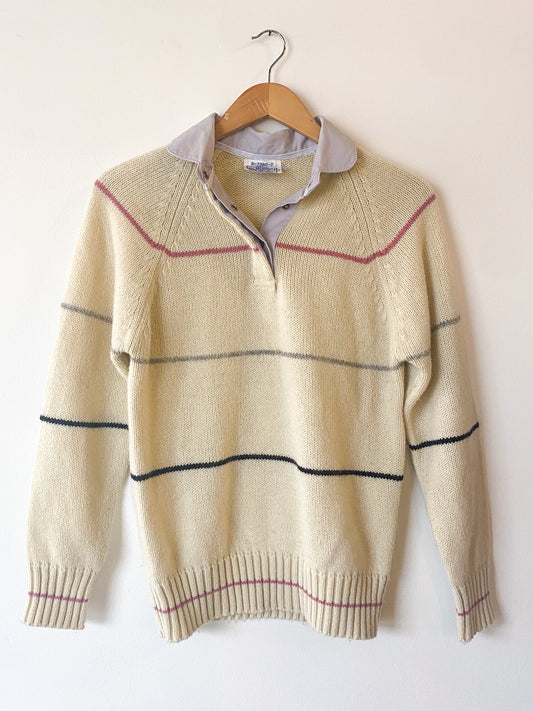 VINTAGE CAMPUS STRIPED SNAP COLLAR SWEATER