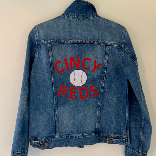 TOLD YA SEW CINCY REDS EMBROIDERED DENIM JACKET