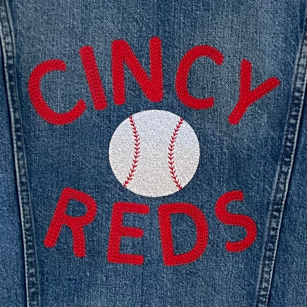 TOLD YA SEW CINCY REDS EMBROIDERED DENIM JACKET