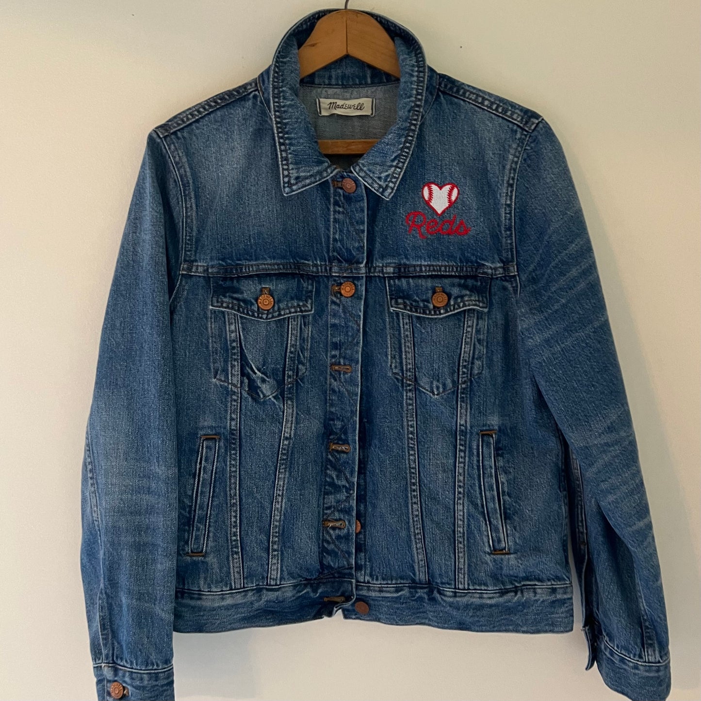 TOLD YA SEW CINCY REDS EMBROIDERED DENIM JACKET