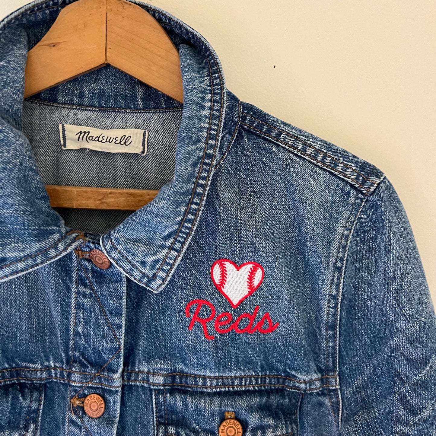 TOLD YA SEW CINCY REDS EMBROIDERED DENIM JACKET