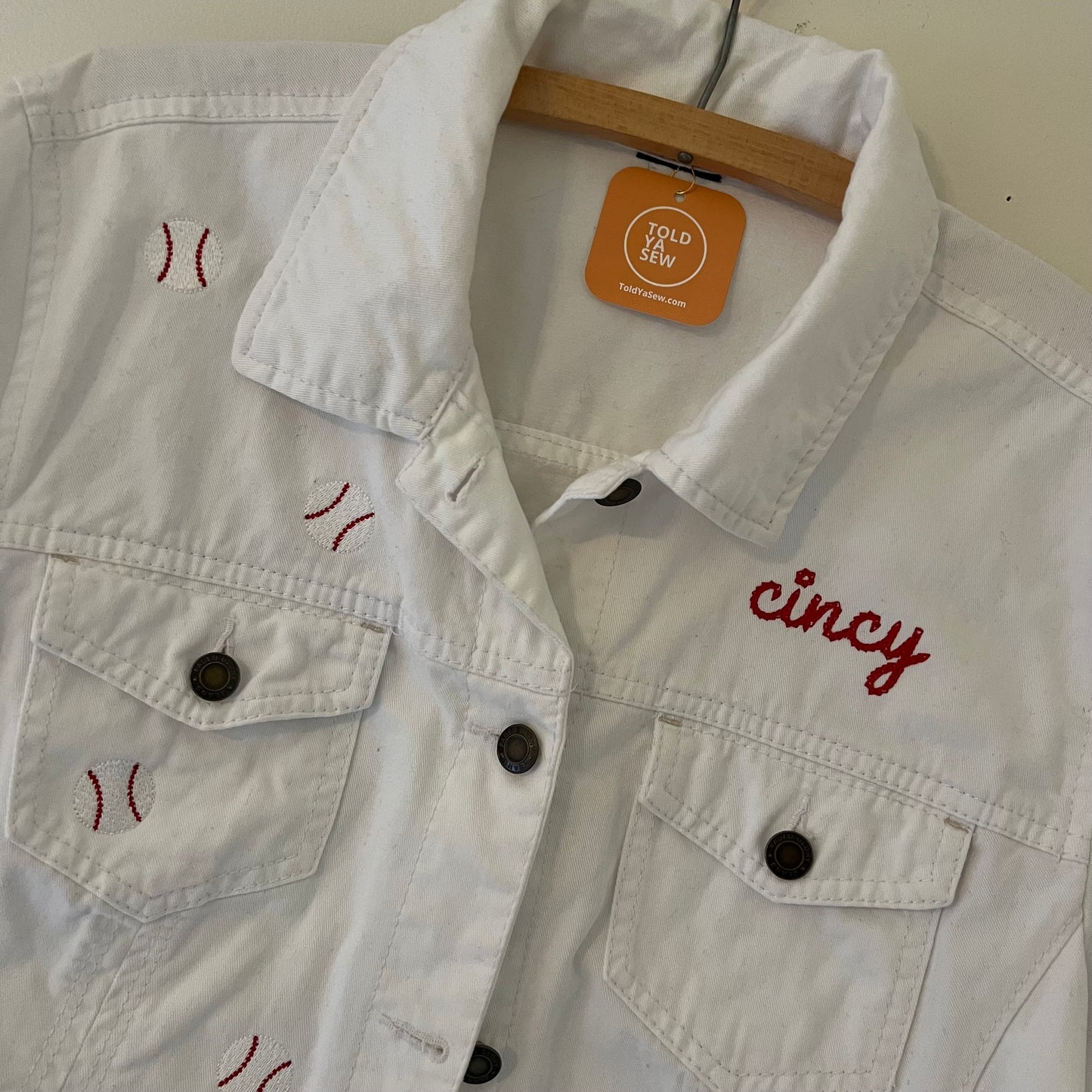 TOLD YA SEW CINCY BASEBALL WHITE DENIM JACKET