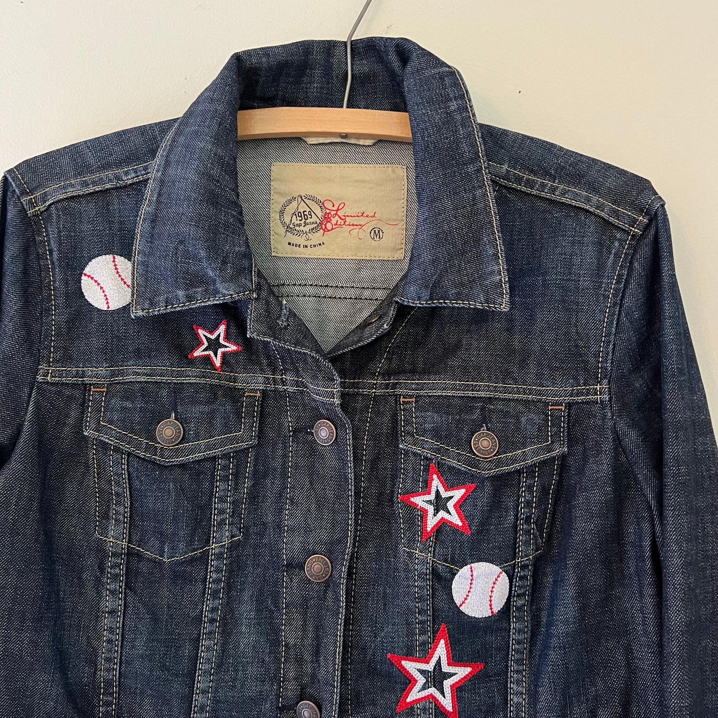 TOLD YA SEW EMBROIDERED BASEBALL AND STARS DENIM JACKET