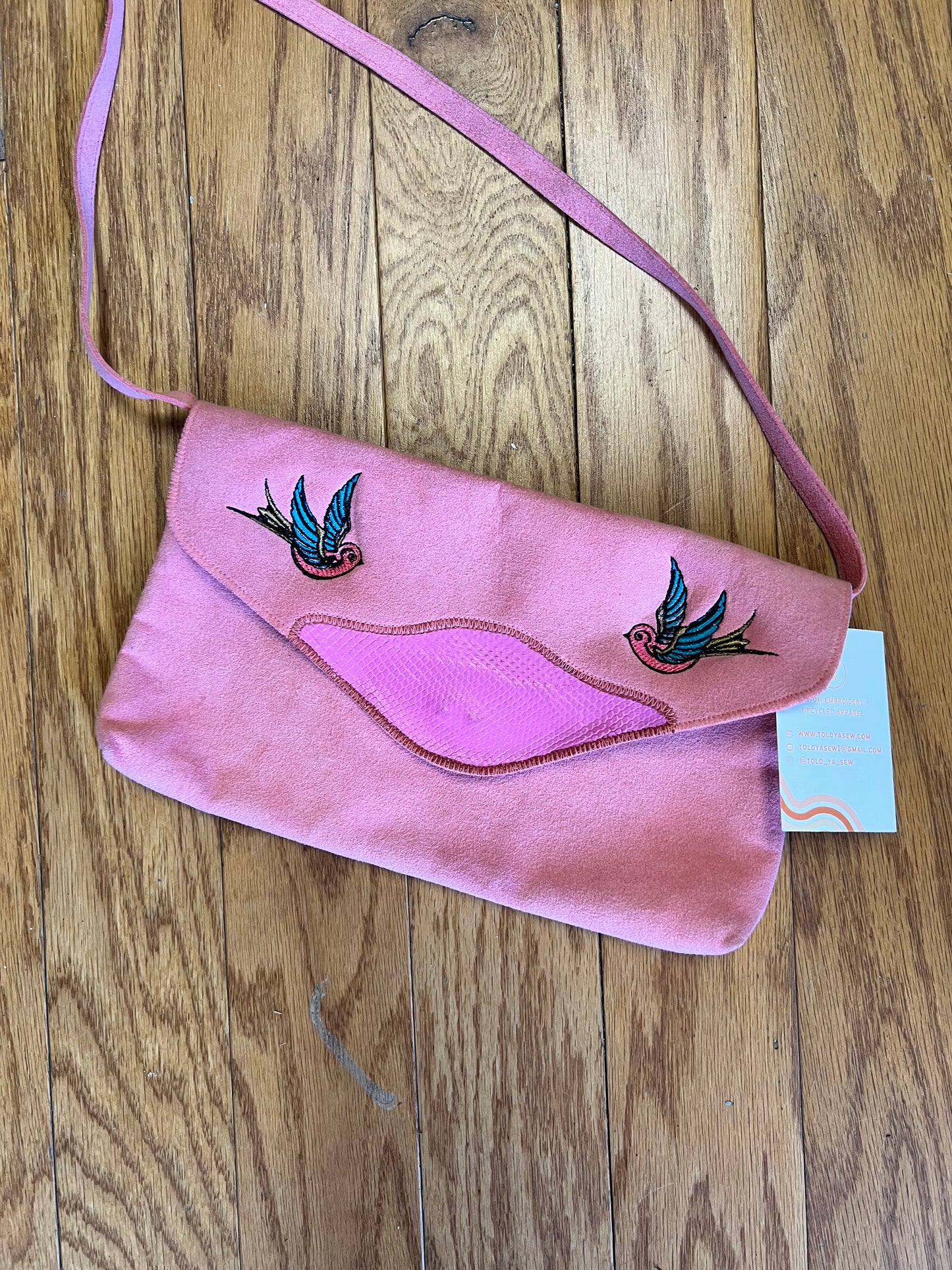 TOLD YA SEW PINK BIRDS UPCYCLED EMBROIDERED HANDBAG