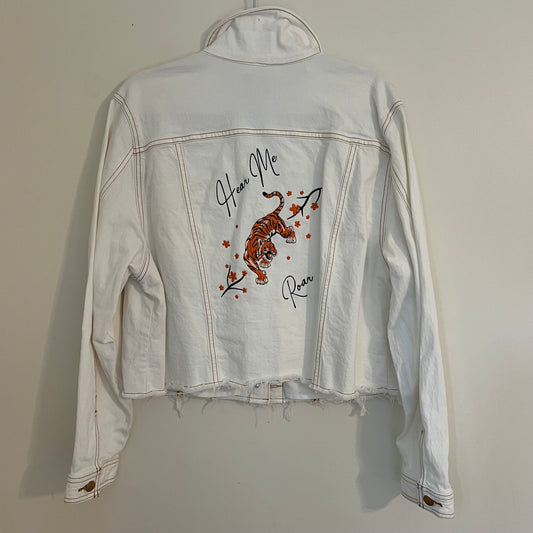 TOLD YA SEW "HEAR ME ROAR" EMBROIDERED WHITE DENIM JACKET