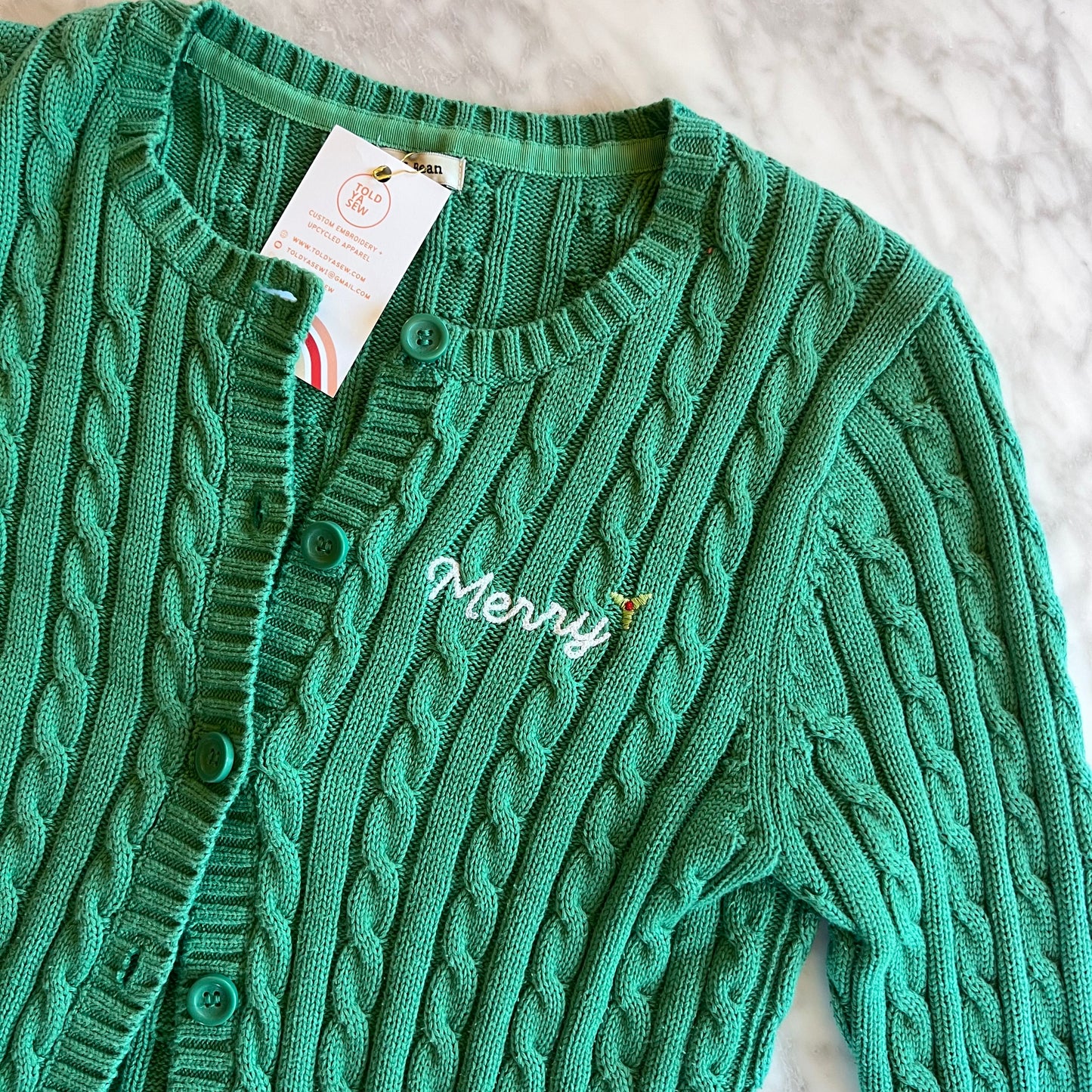 TOLD YA SEW "MERRY" GREEN CARDIGAN LL BEAN SWEATER