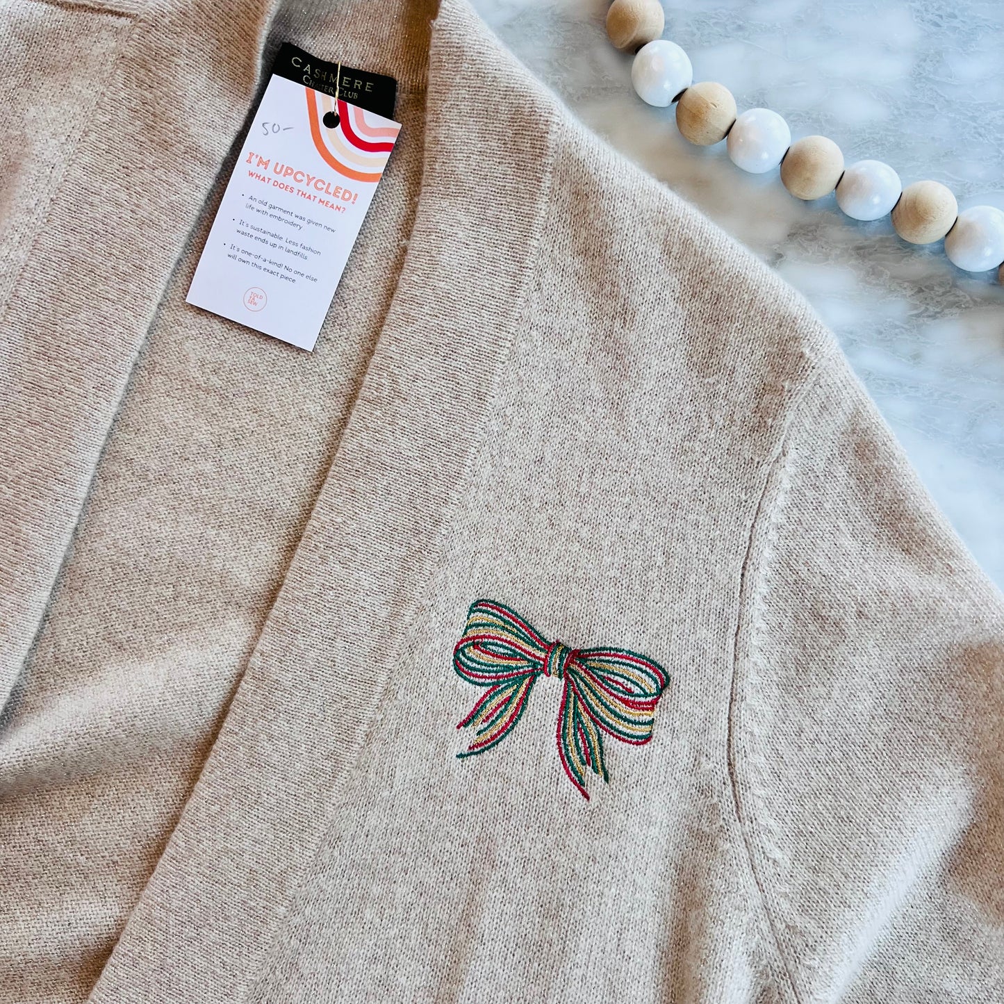 TOLD YA SEW CHRISTMAS BOW GOLD CASHMERE CARDIGAN SWEATER