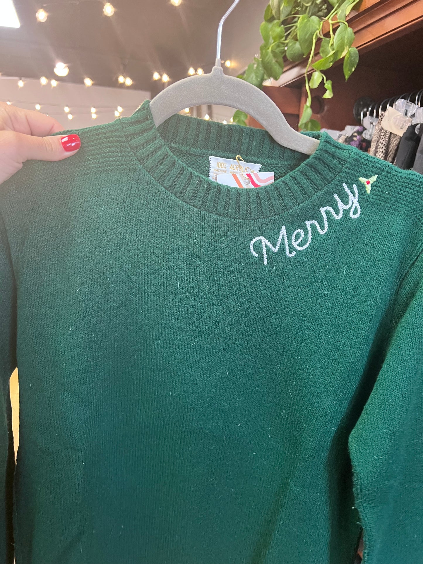 TOLD YA SEW "MERRY" EMBROIDERED COLLAR GREEN SWEATER