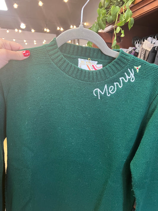 TOLD YA SEW "MERRY" EMBROIDERED COLLAR GREEN SWEATER