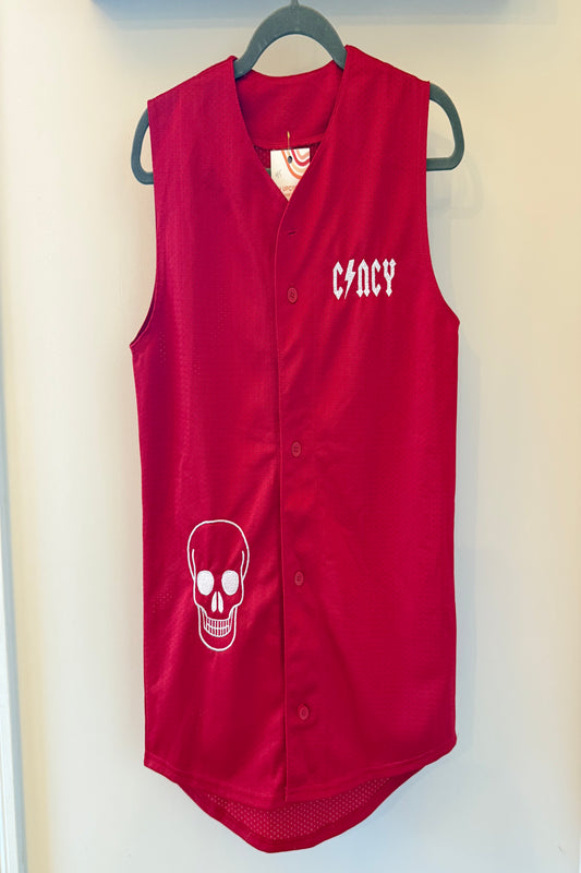 TOLD YA SEW CINCY 'TIL I DIE SKULL EMBROIDERED BASEBALL JERSEY