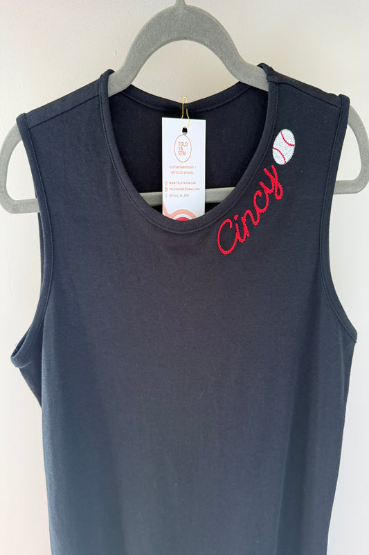 TOLD YA SEW CINCY EMBROIDERED COLLAR SLEEVELESS BLACK TANK TOP