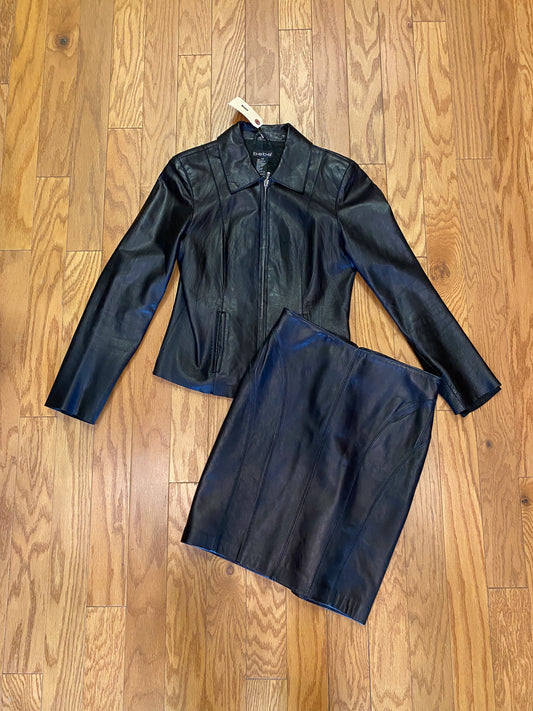 BEBE BLACK LEATHER JACKET + MINI SKIRT SET