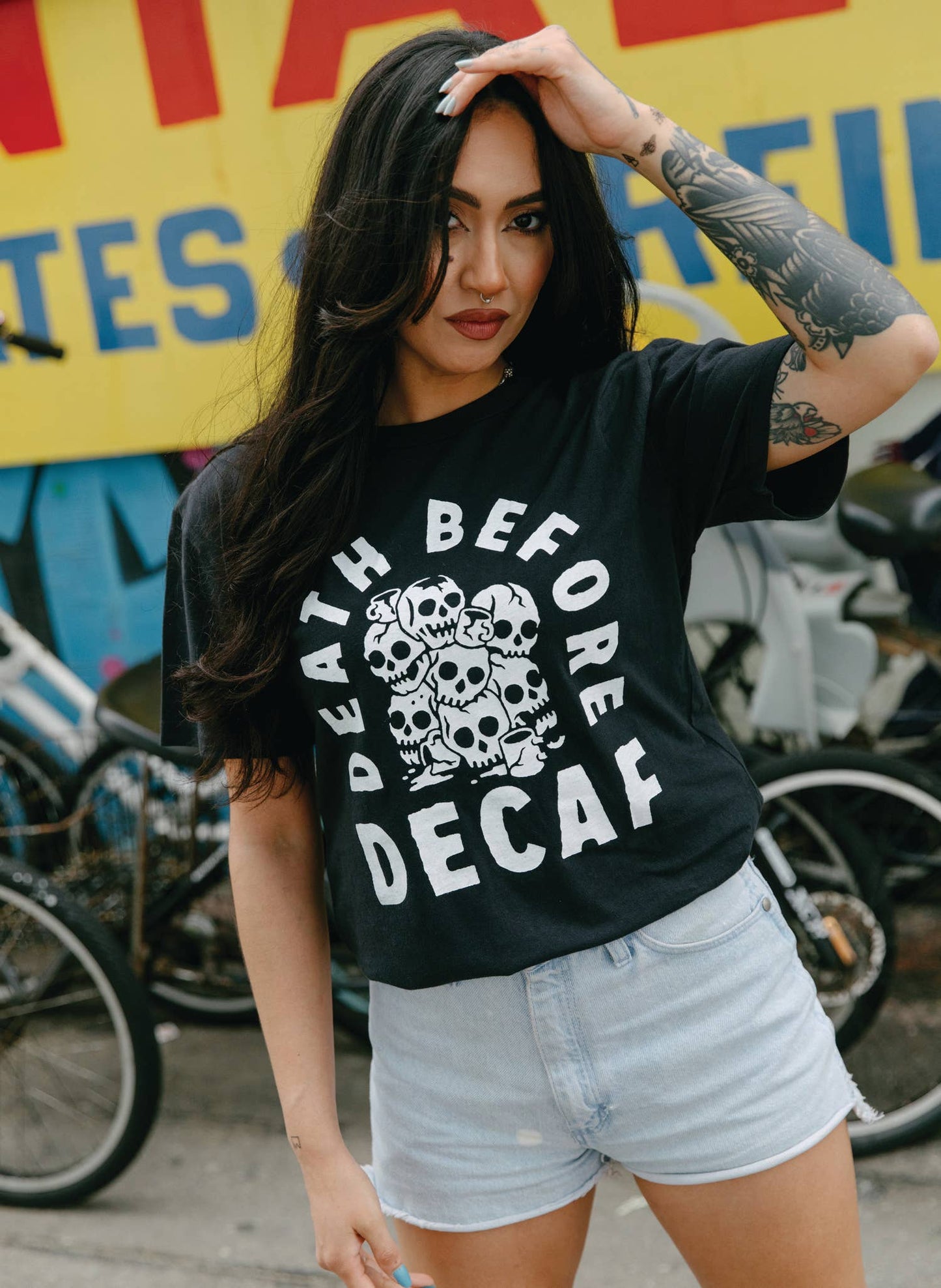 Death Before Decaf Coffee Vintage Style Graphic Tee Adults