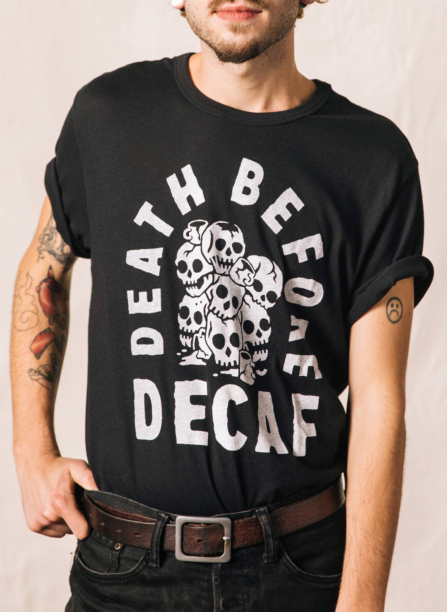 Death Before Decaf Coffee Vintage Style Graphic Tee Adults