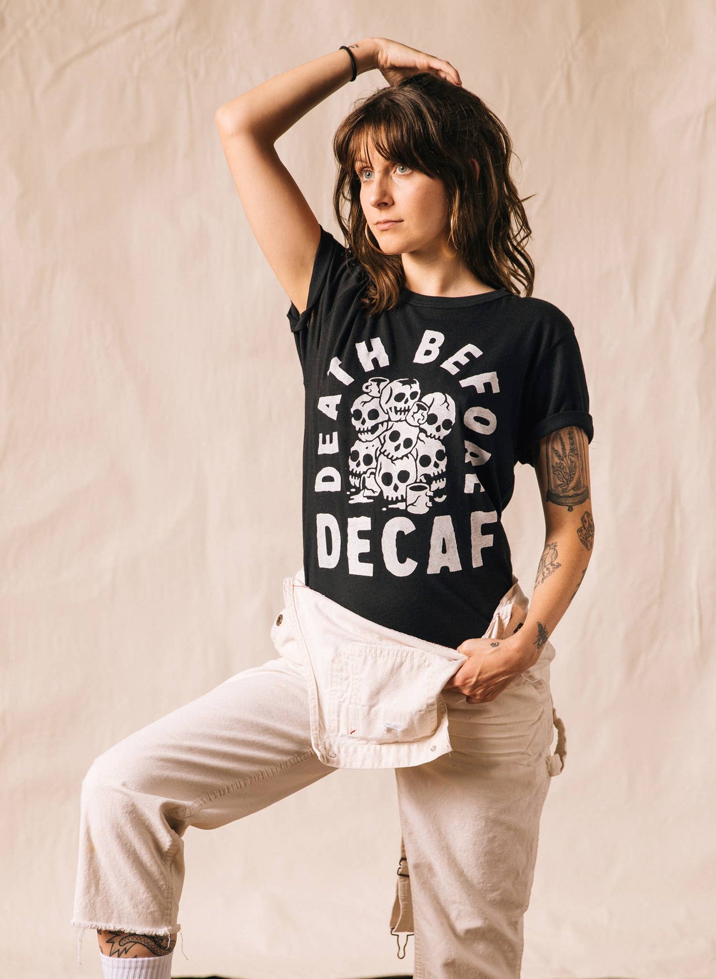 Death Before Decaf Coffee Vintage Style Graphic Tee Adults