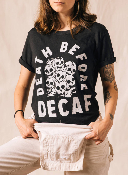 Death Before Decaf Coffee Vintage Style Graphic Tee Adults